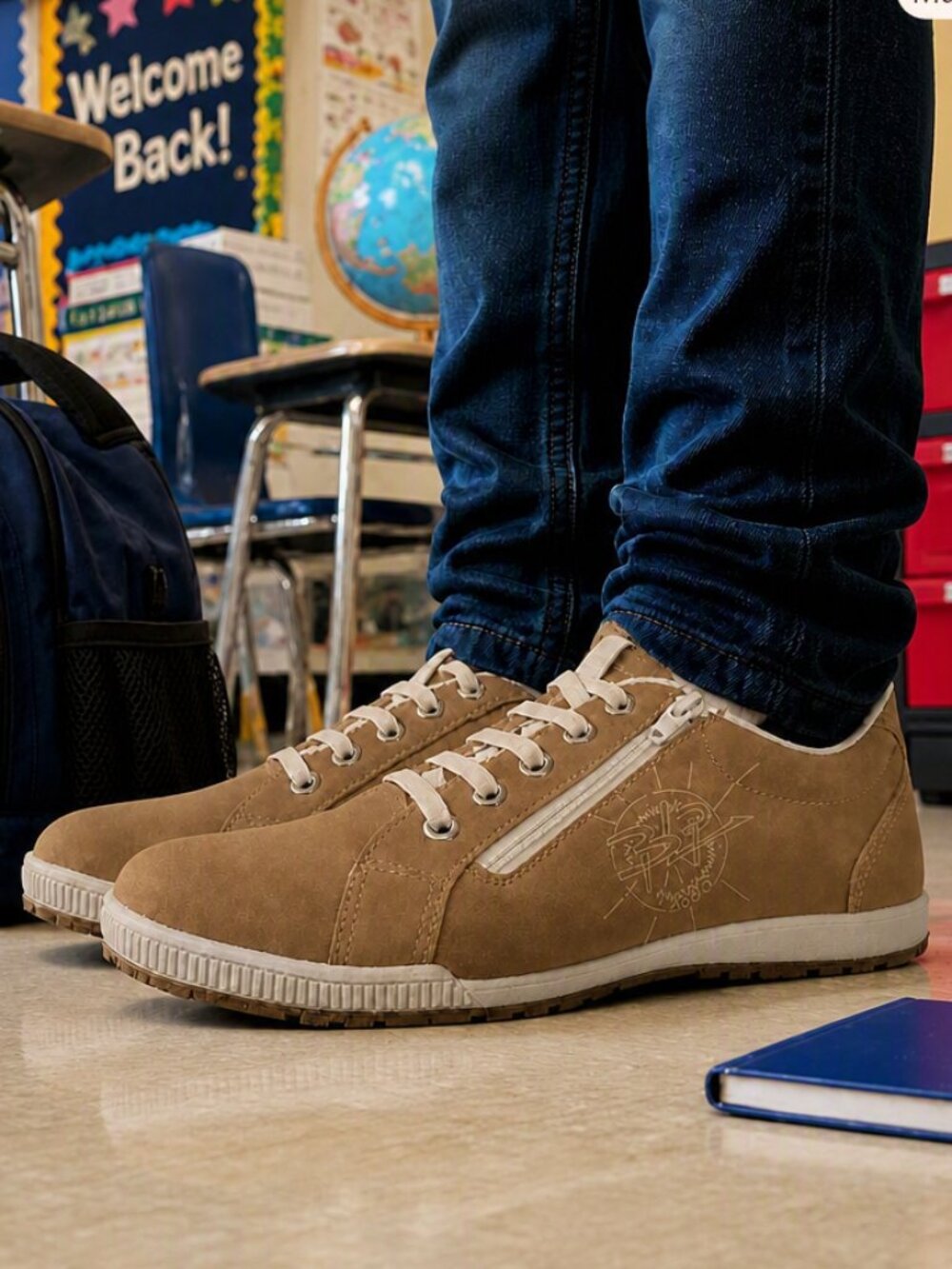 Boy's Casual Tan Lace-Up Sneakers with Side Zip